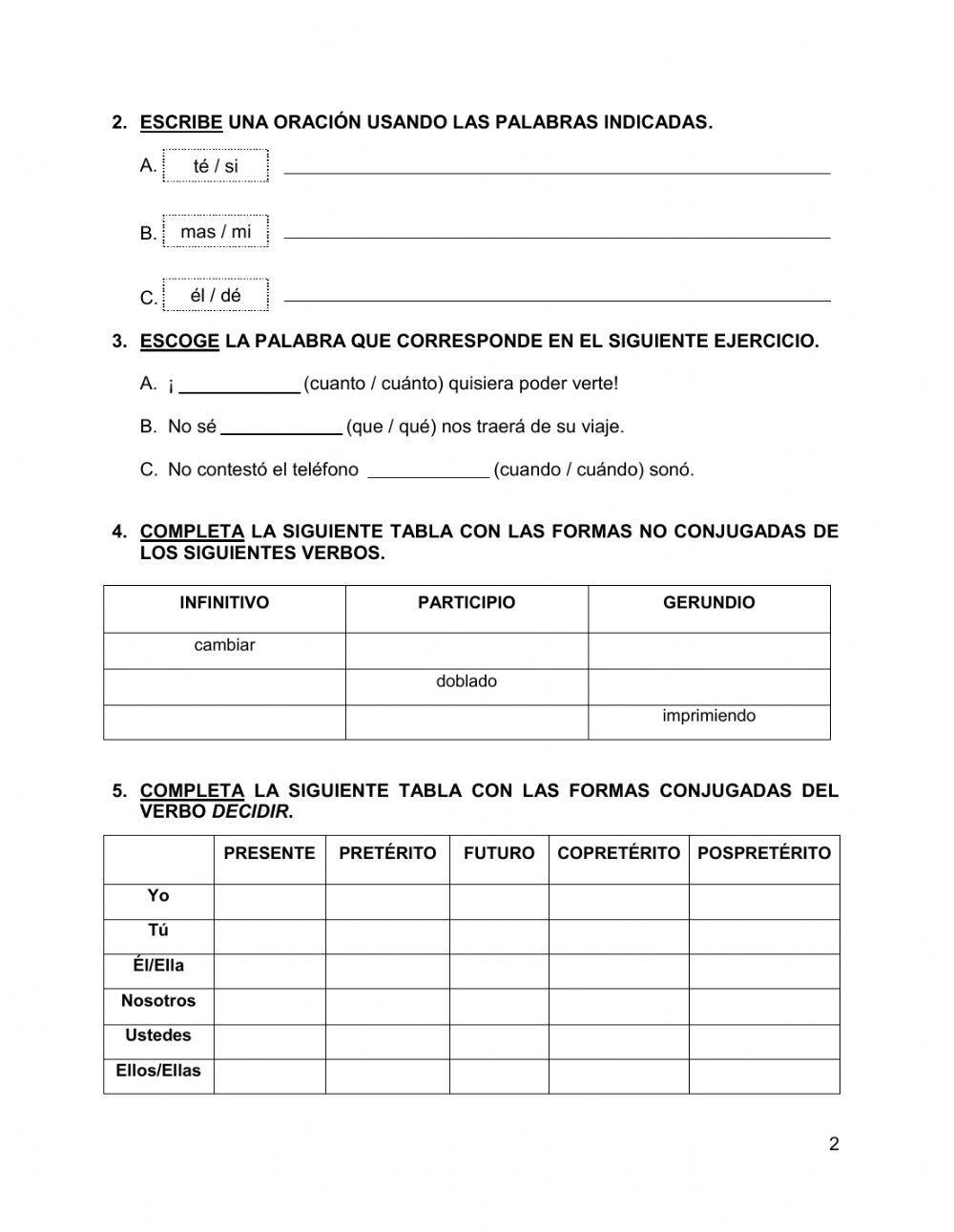 Examen en línea, Español 3