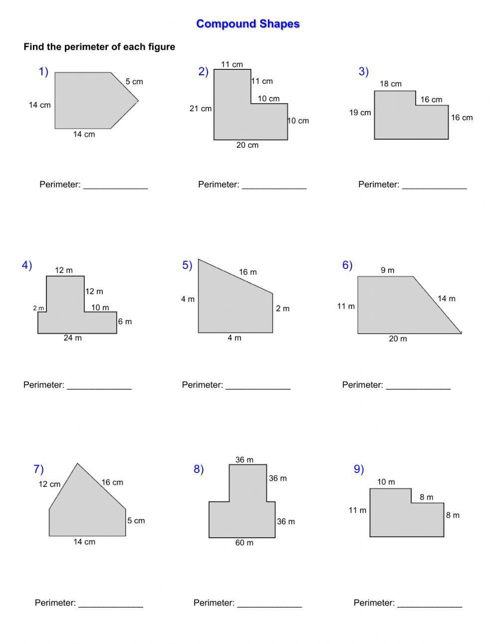 Perimeter of compund shapes worksheet | Live Worksheets Perimeter of compund shapes worksheet | Live Worksheets