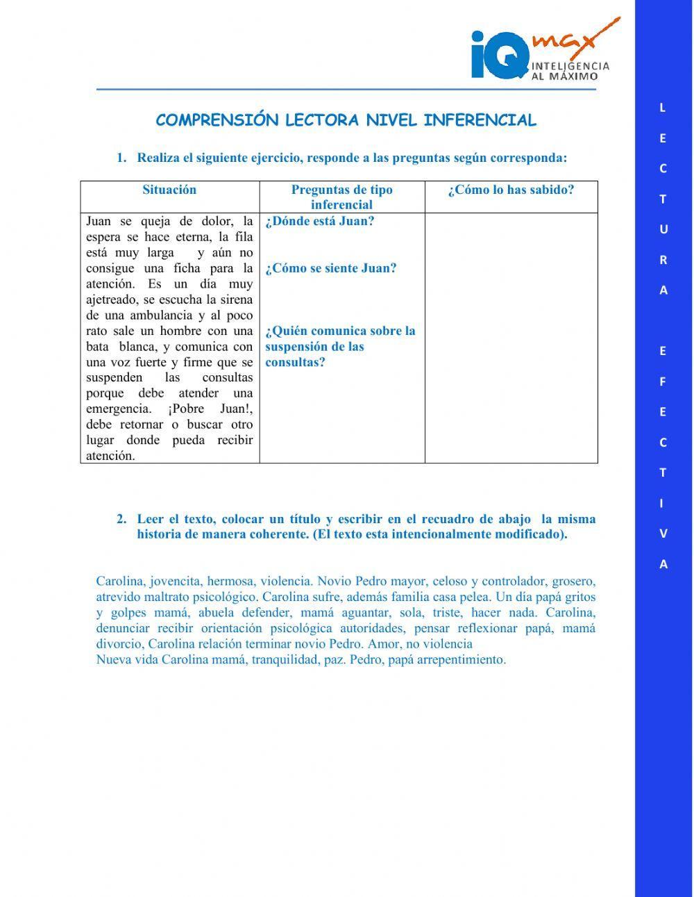 COMPRENSIÓN LECTORA NIVEL INFERENCIAL