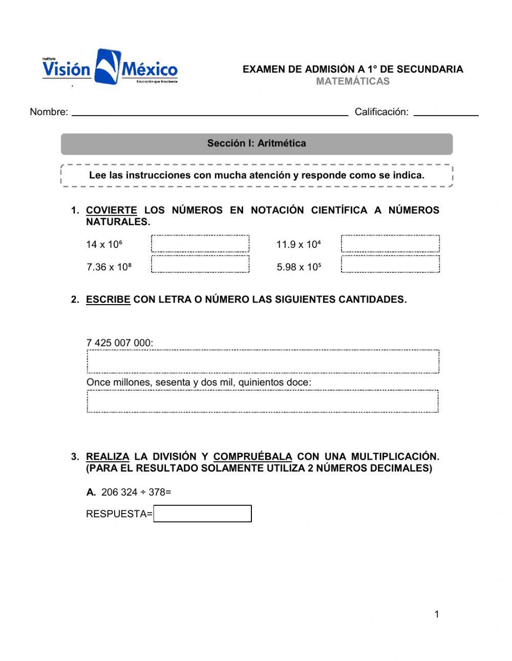 Examen en línea, Matemáticas 1