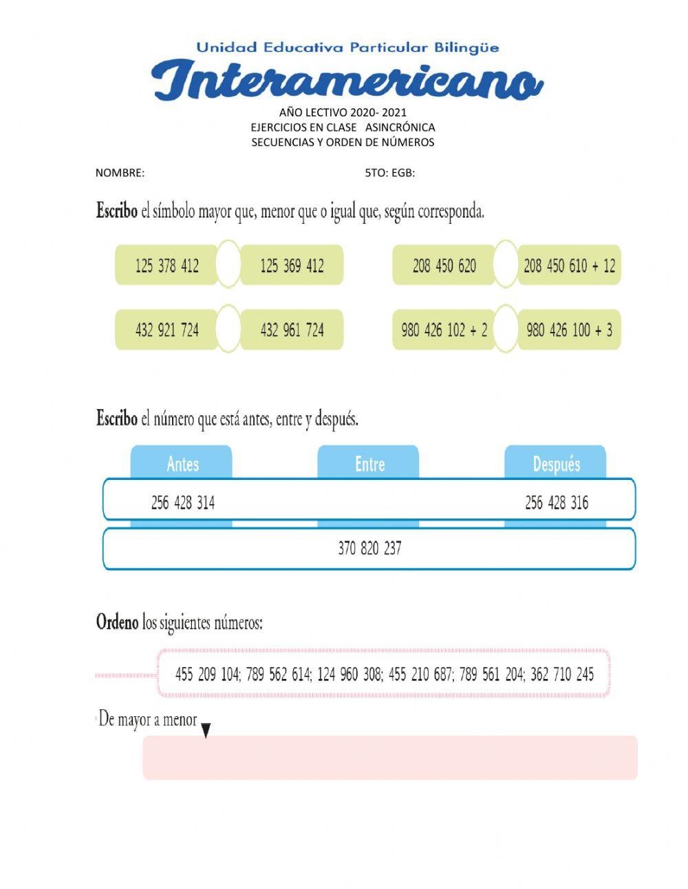 Secuencia y orden de números