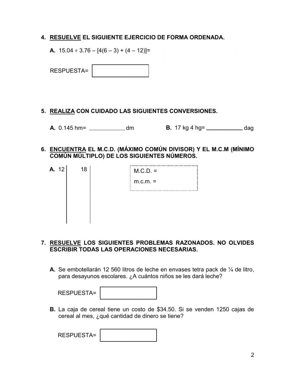 Examen en línea, Matemáticas 3
