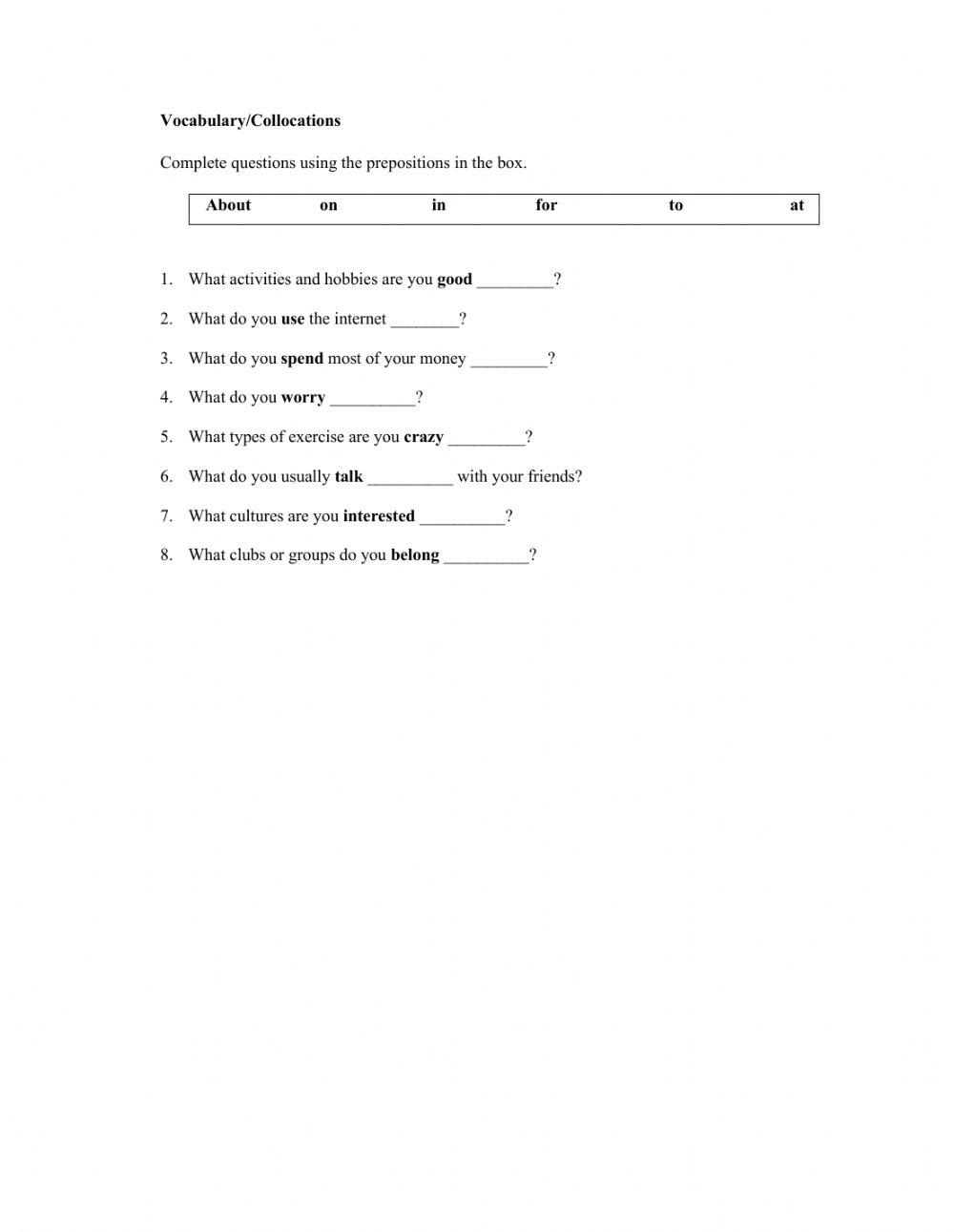 Collocations activity for b1 live worksheets