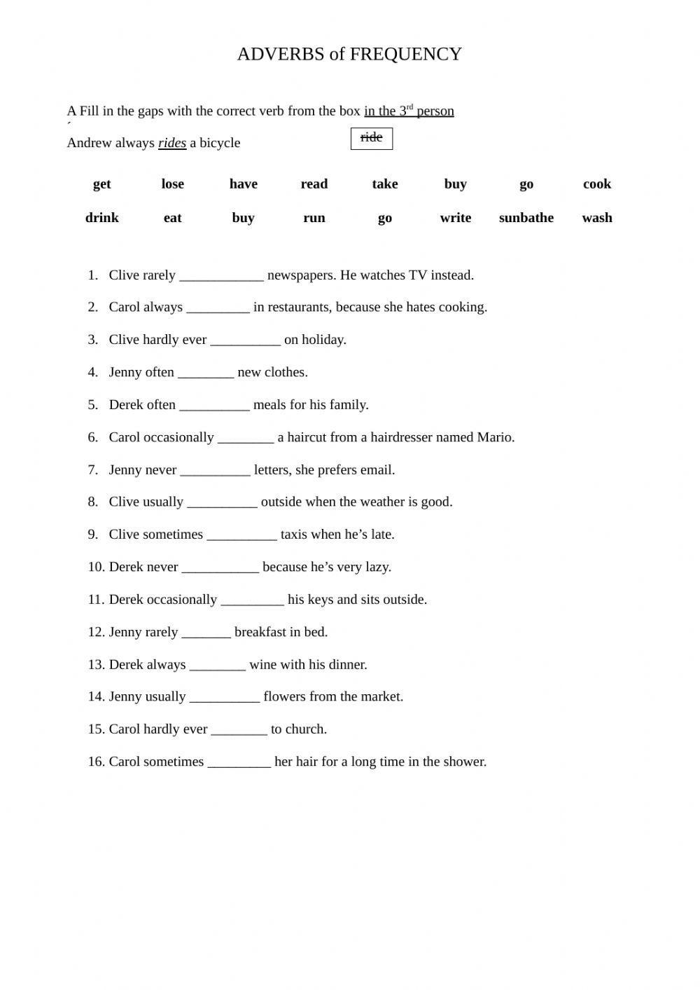 Adverbs of Frequency fill and match