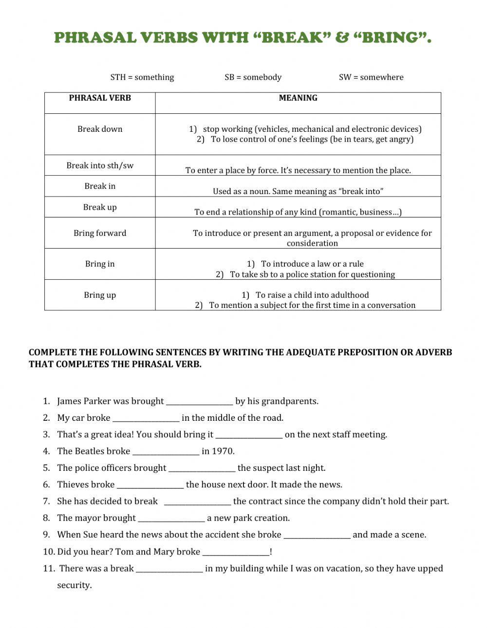 Phrasal Verbs with Bring and Break