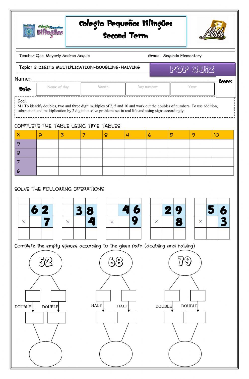 Quiz 2 digit by 1 digit multiplication doubling and halving