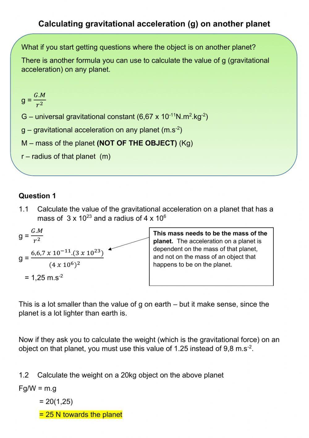 Newton's law of universal gravitation worksheet 2