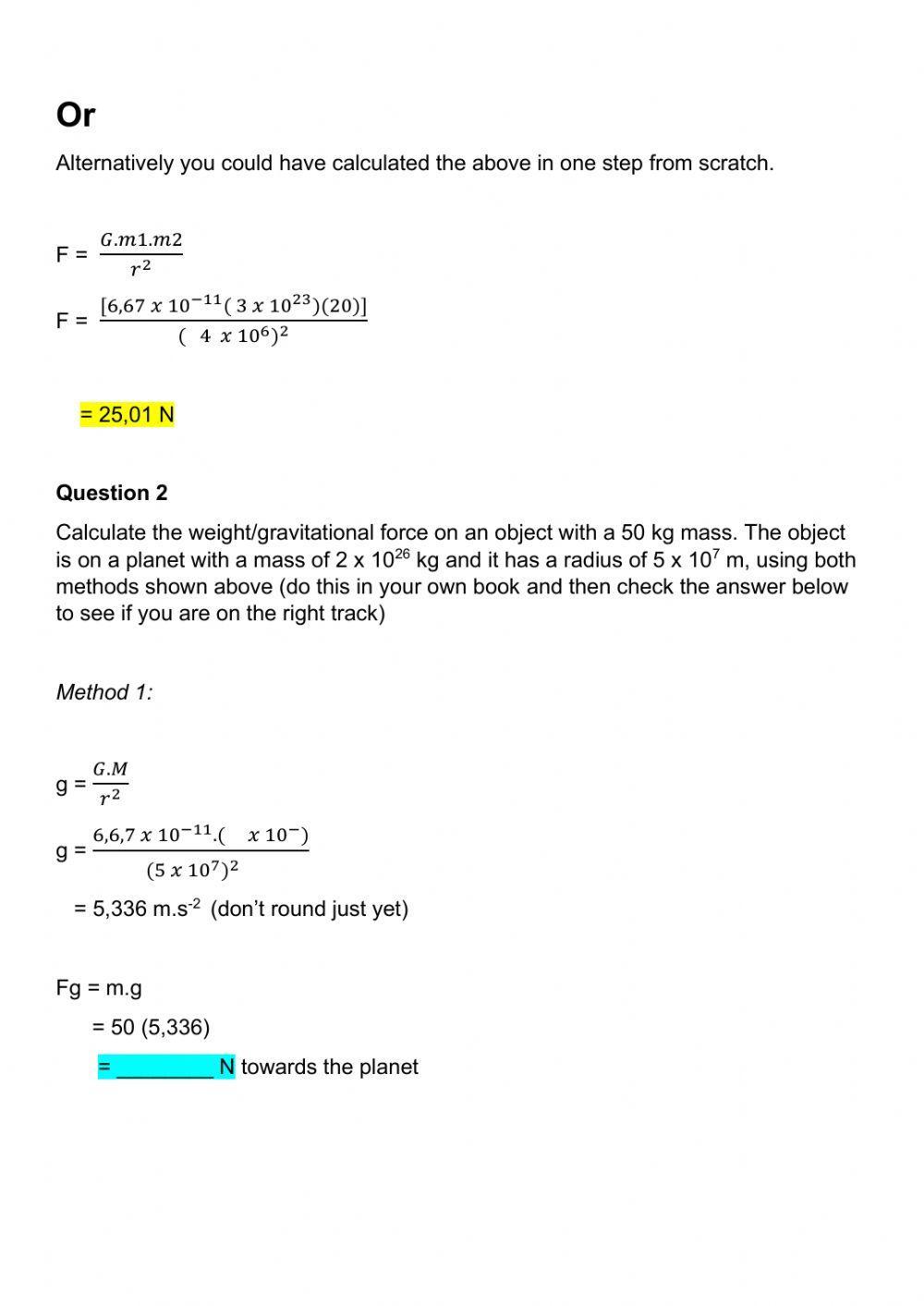 Newton's law of universal gravitation worksheet 2