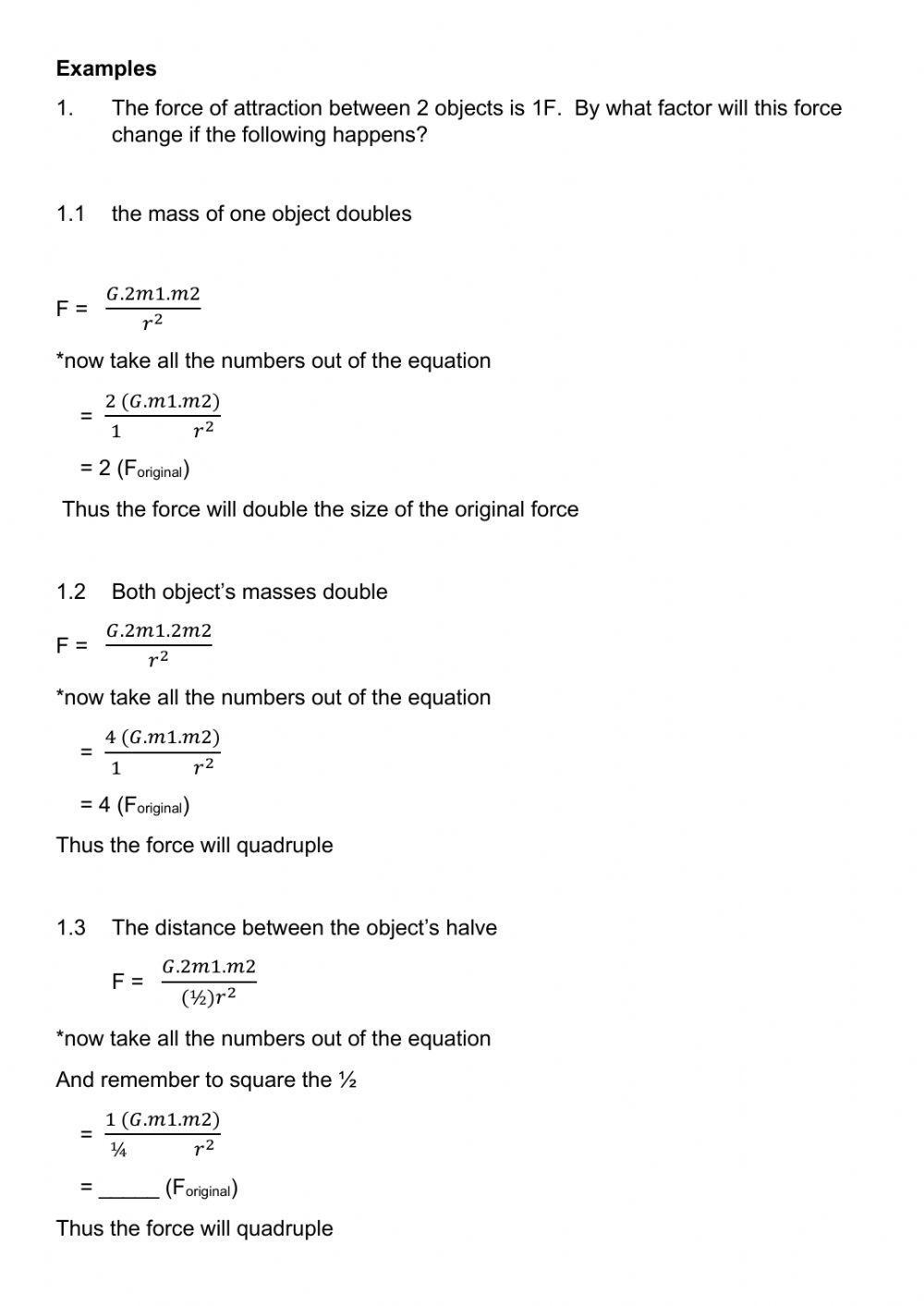 Newton's law of universal gravitation worksheet 2