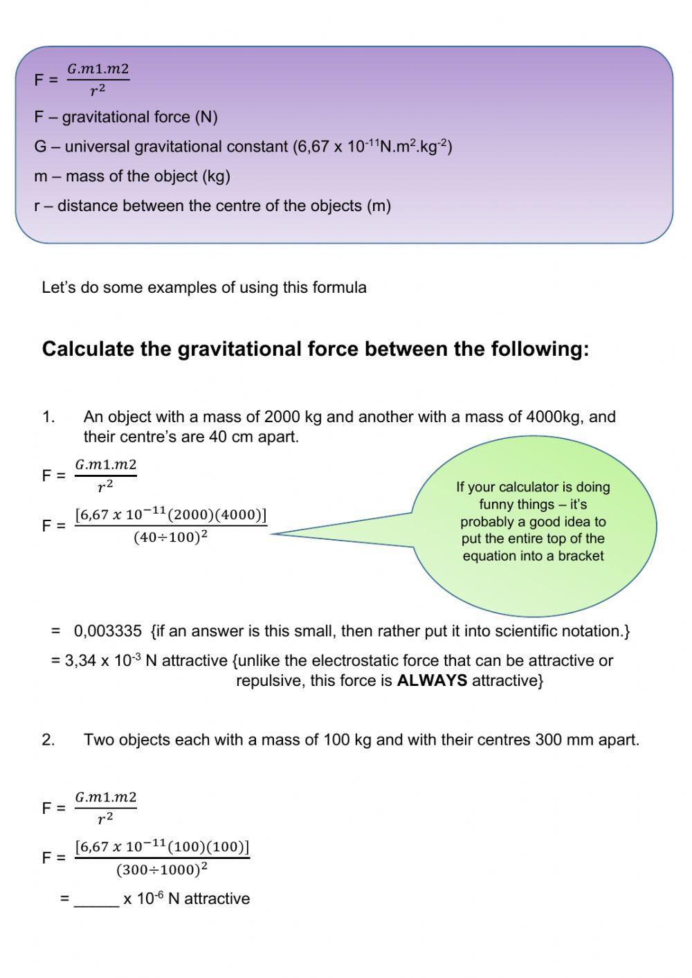 Newton's law of universal gravitation worksheet 1