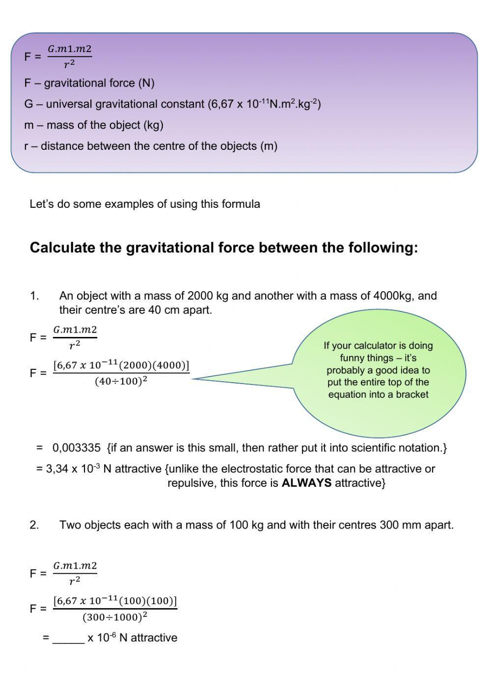 Newton's law of universal gravitation worksheet 1 worksheet Live
