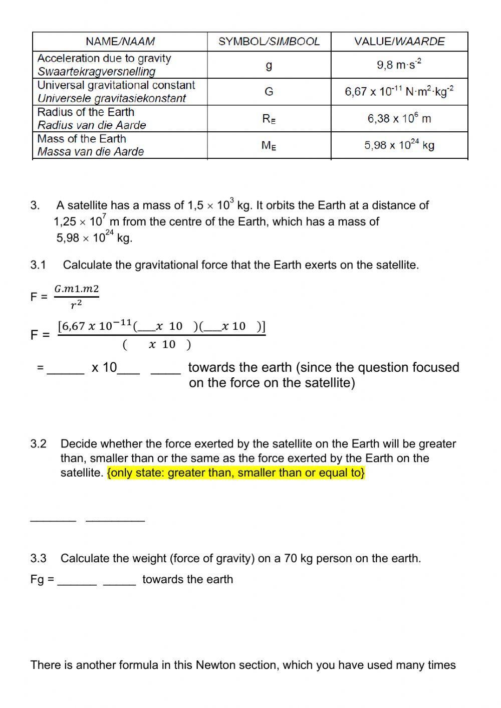 Newton's law of universal gravitation worksheet 1