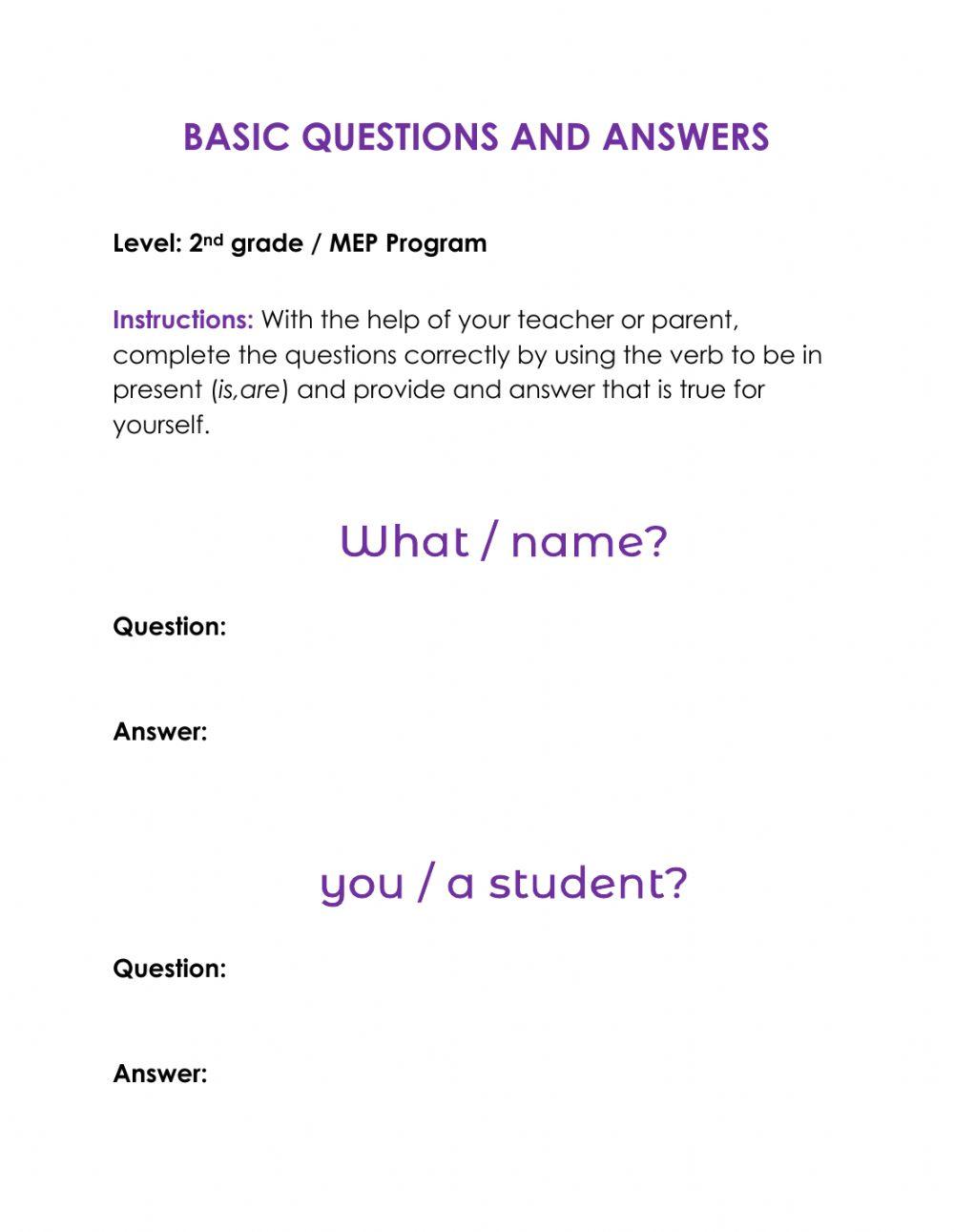Worksheet 2 basic questions and answers mep program 2nd grade ucr