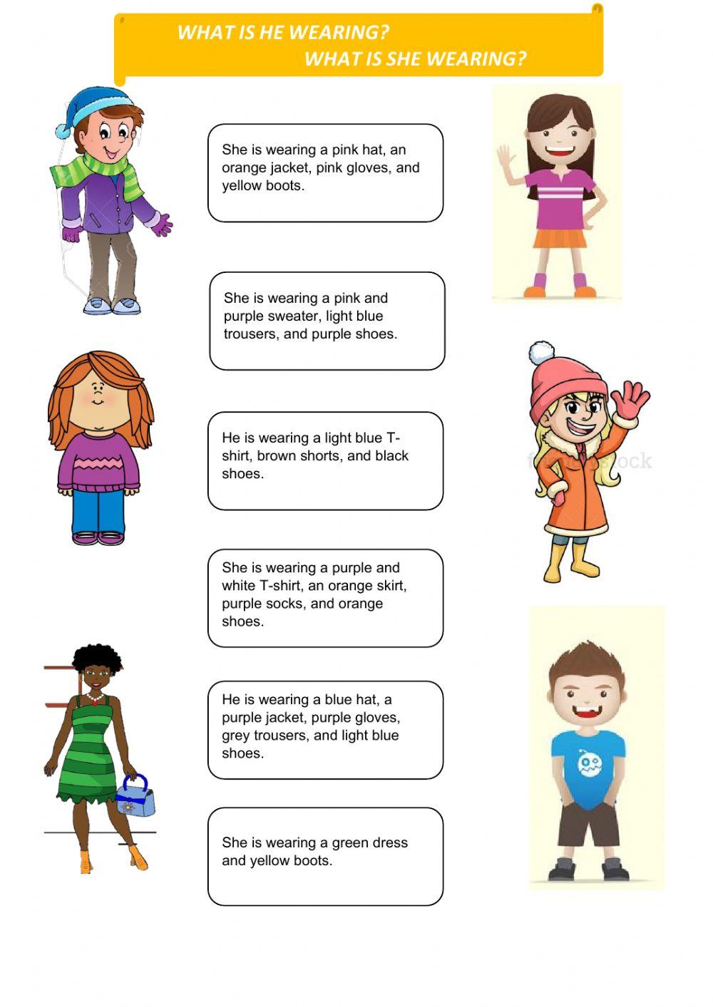 What is she wearing? What is he wearing?