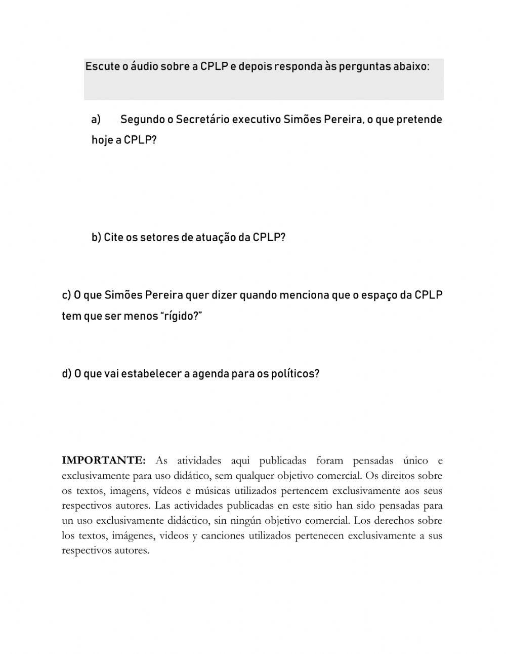 CPLP - NÍVEL PRÉ-INTERMEDIÁRIO  - Vídeo 