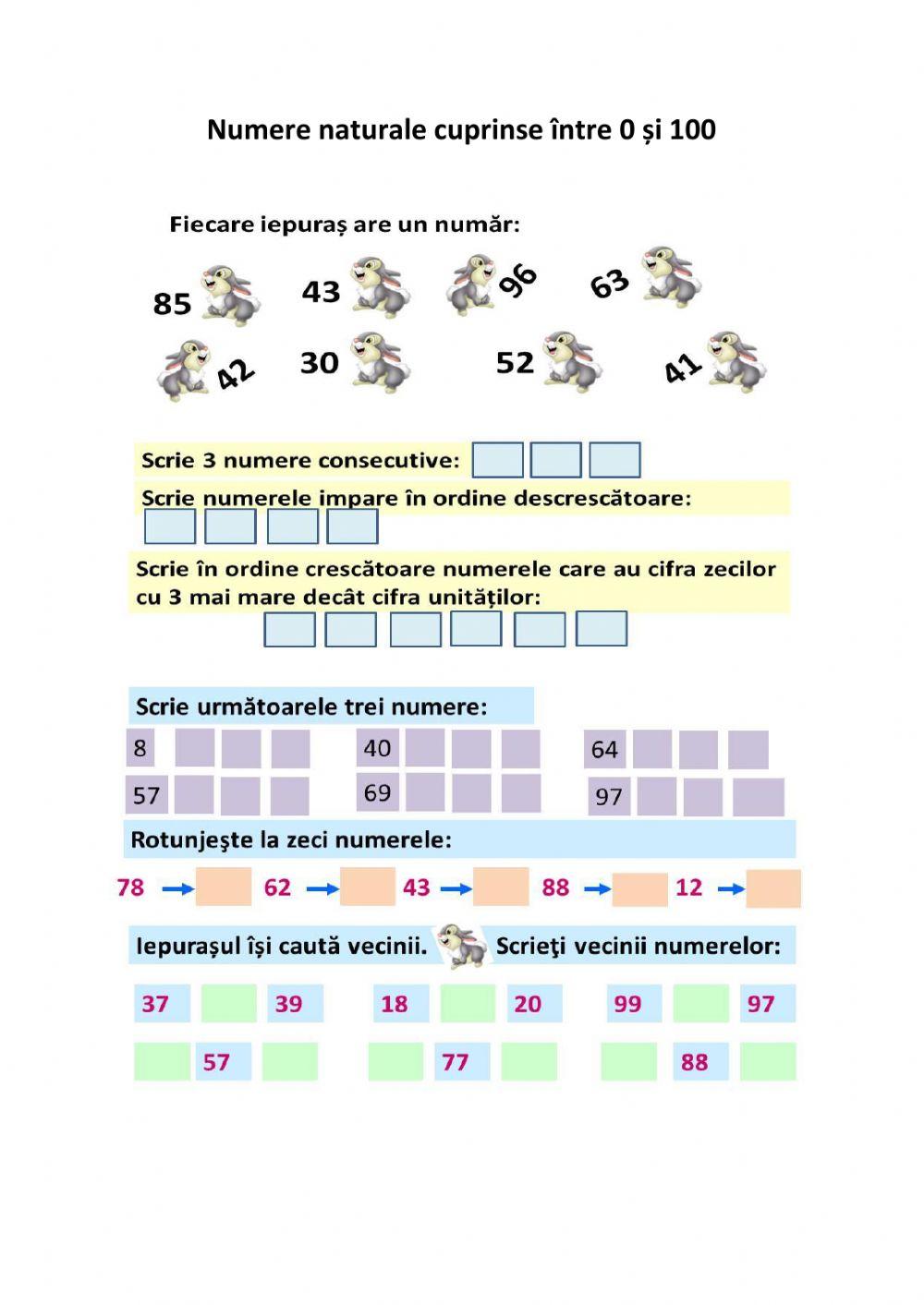 Iepuraș matematician-Numere naturale 0-100, numărare,ordonare, fișa 1