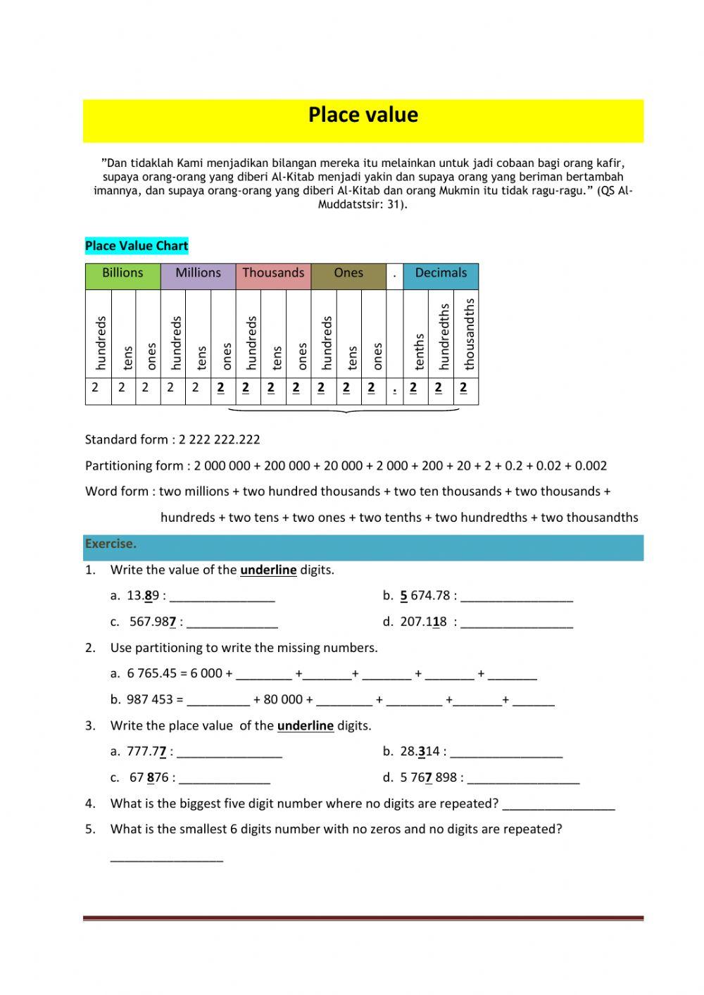 Place Value 6-digit and Decimal
