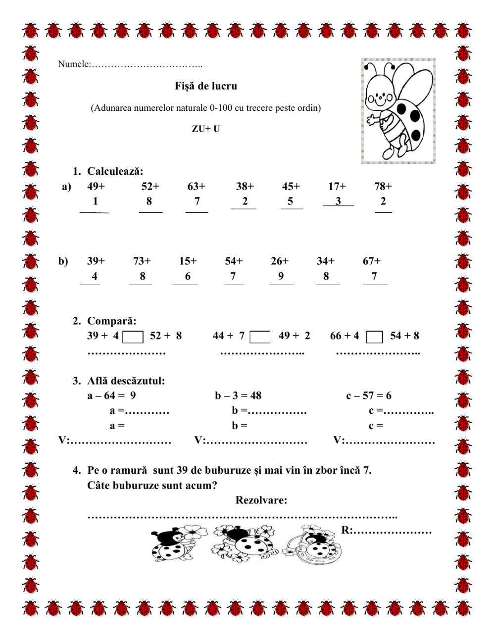 Adunarea numerelor 0-100, cu trecere peste ordin