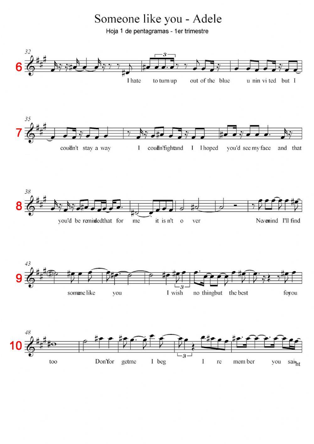 6º Hojas de Pentagramas 1-2 - Someone like you 6-10 de 32