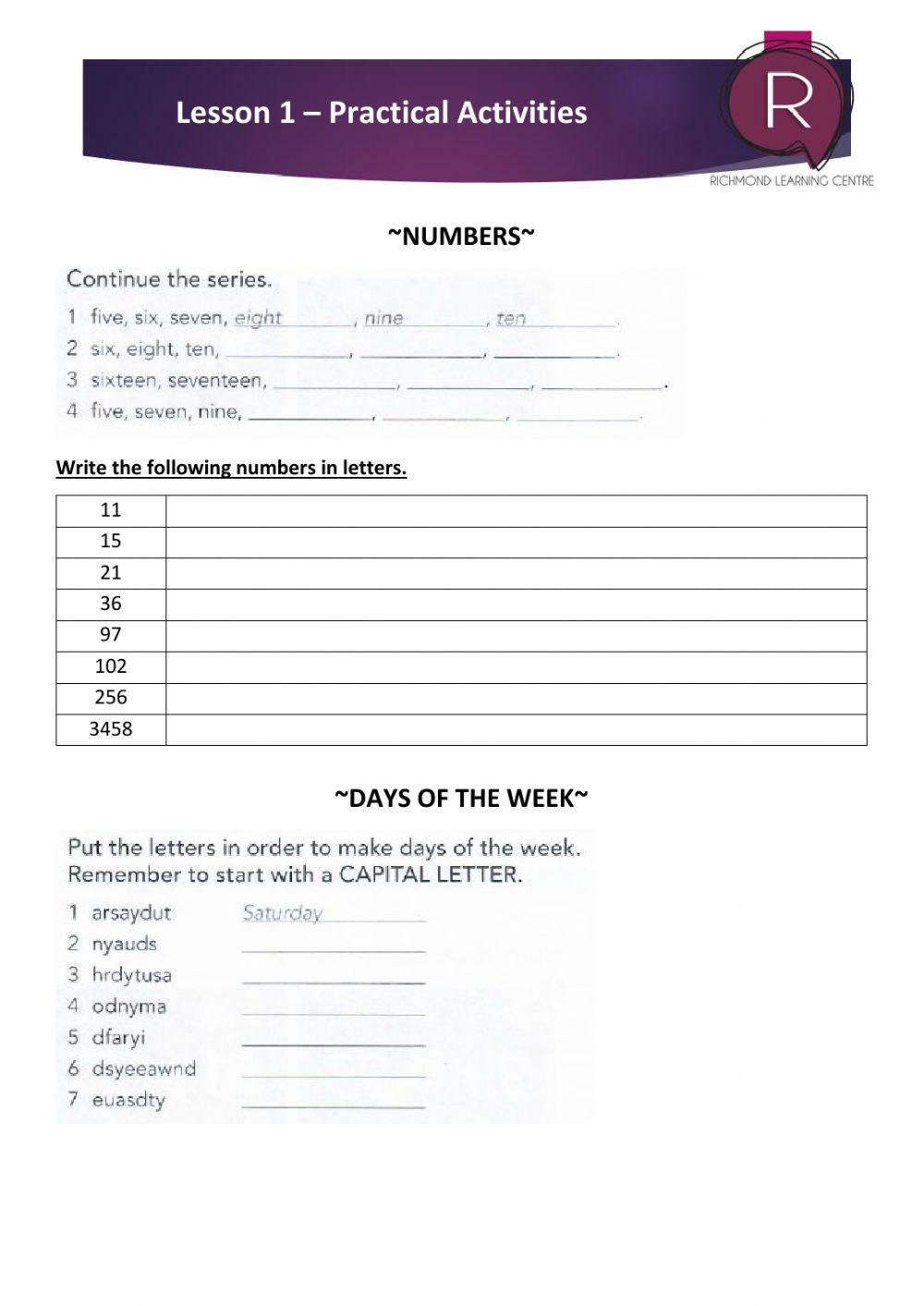 Numbers, Colours and Days