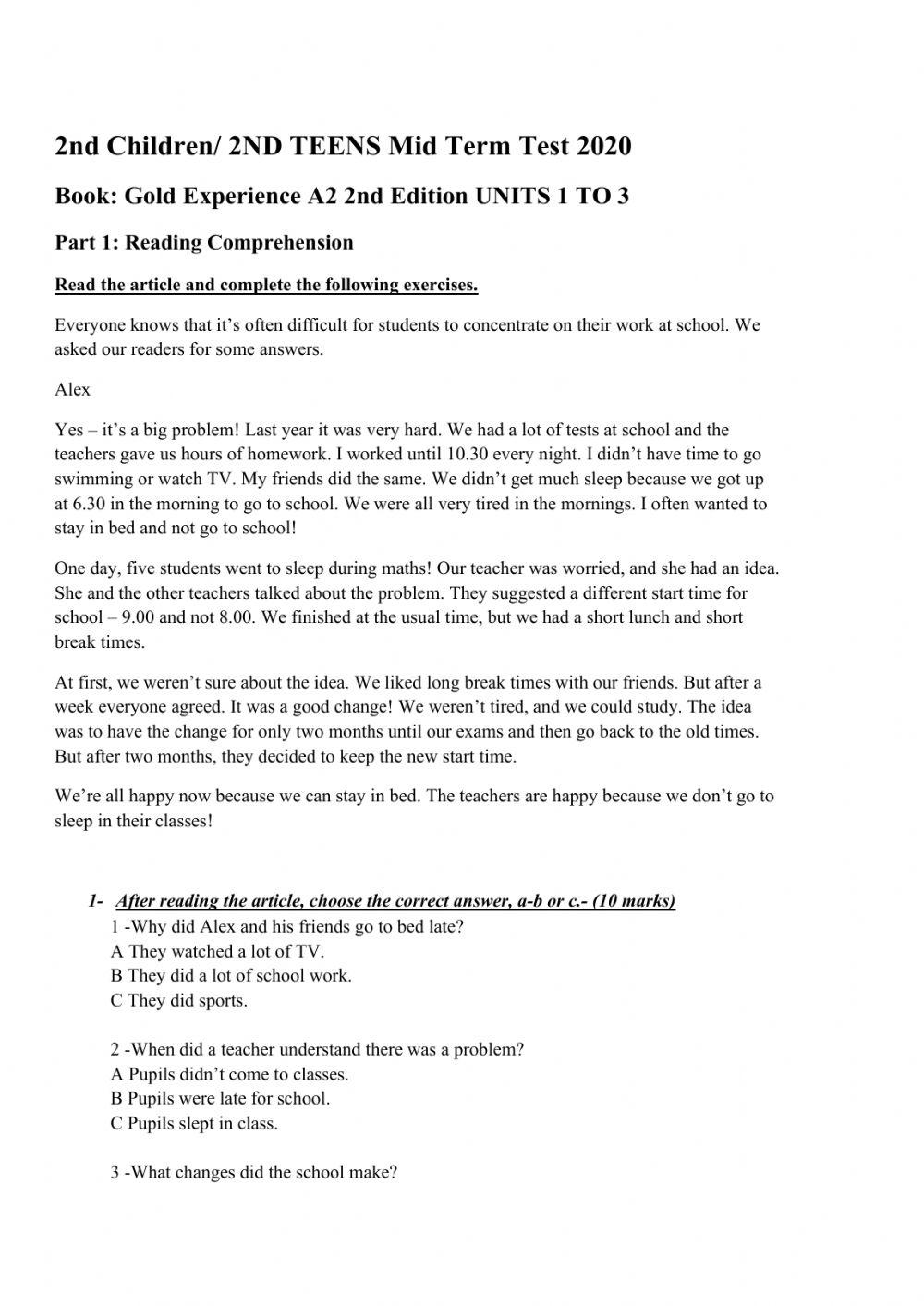 MID YEAR TEST 2 CH TEENS 2020