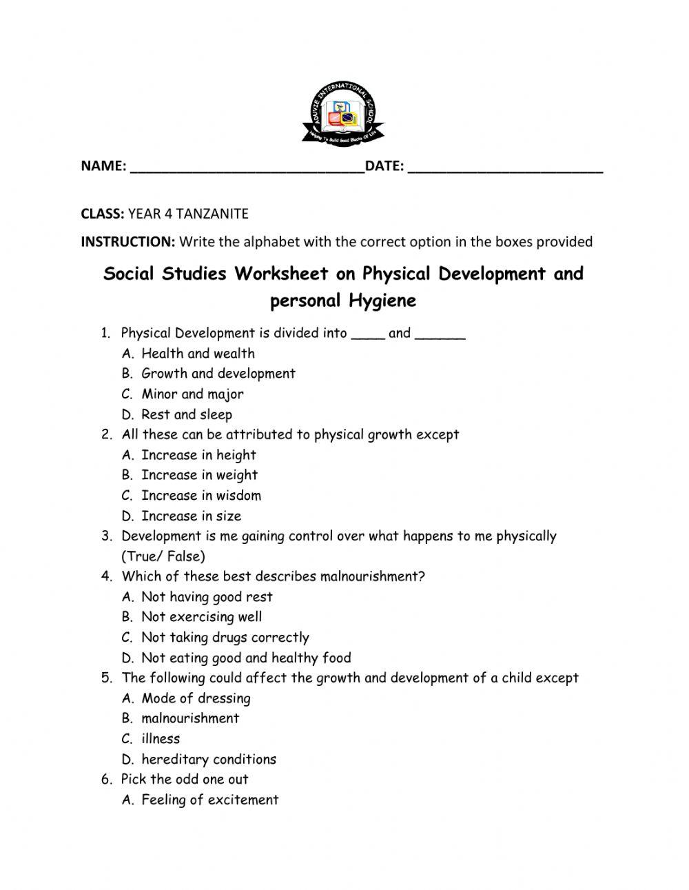 Personal Hygiene and physical development worksheet