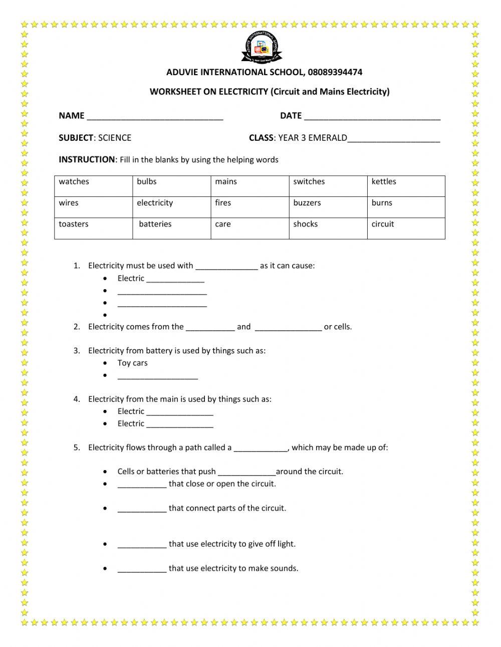 Electricity worksheet (Circuit and Mains Electricity)