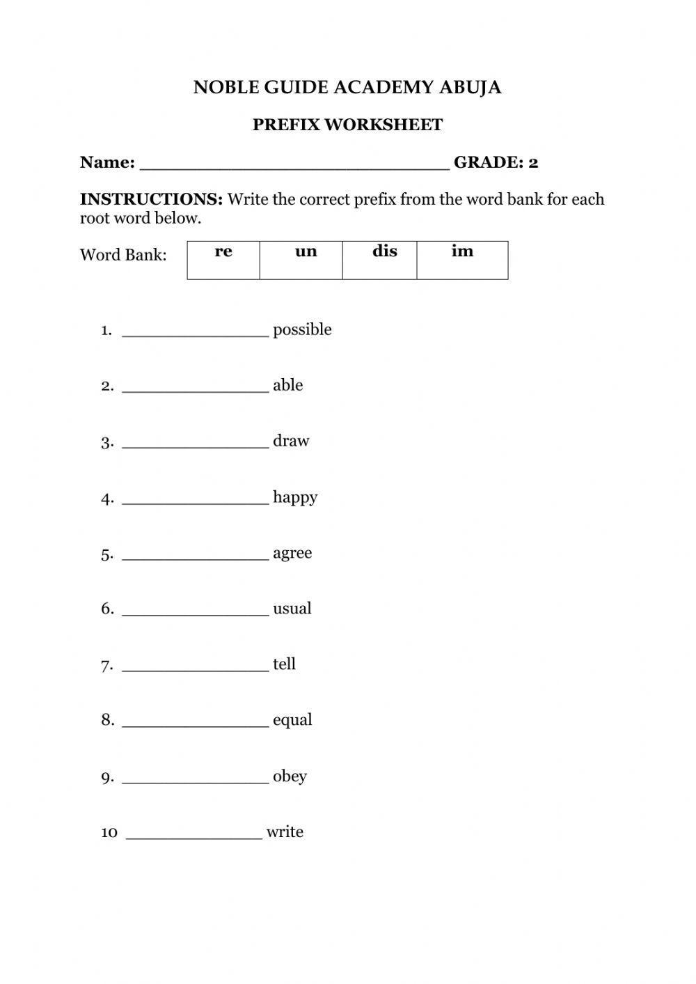 Prefix Worksheet