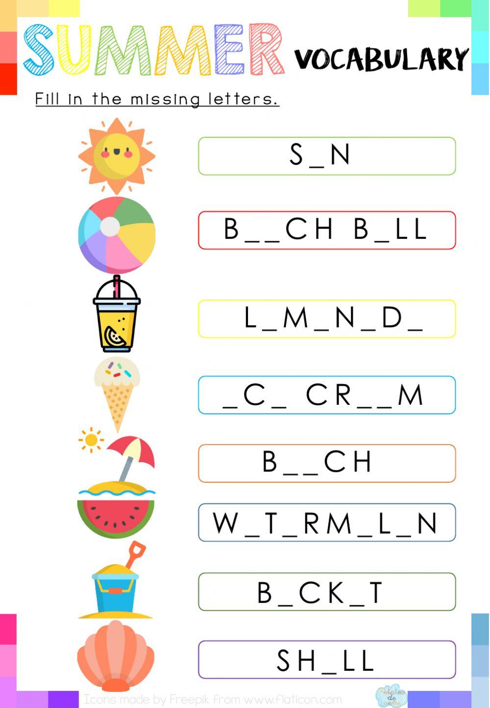 Fill in the missing letters: Summer Vocabulary
