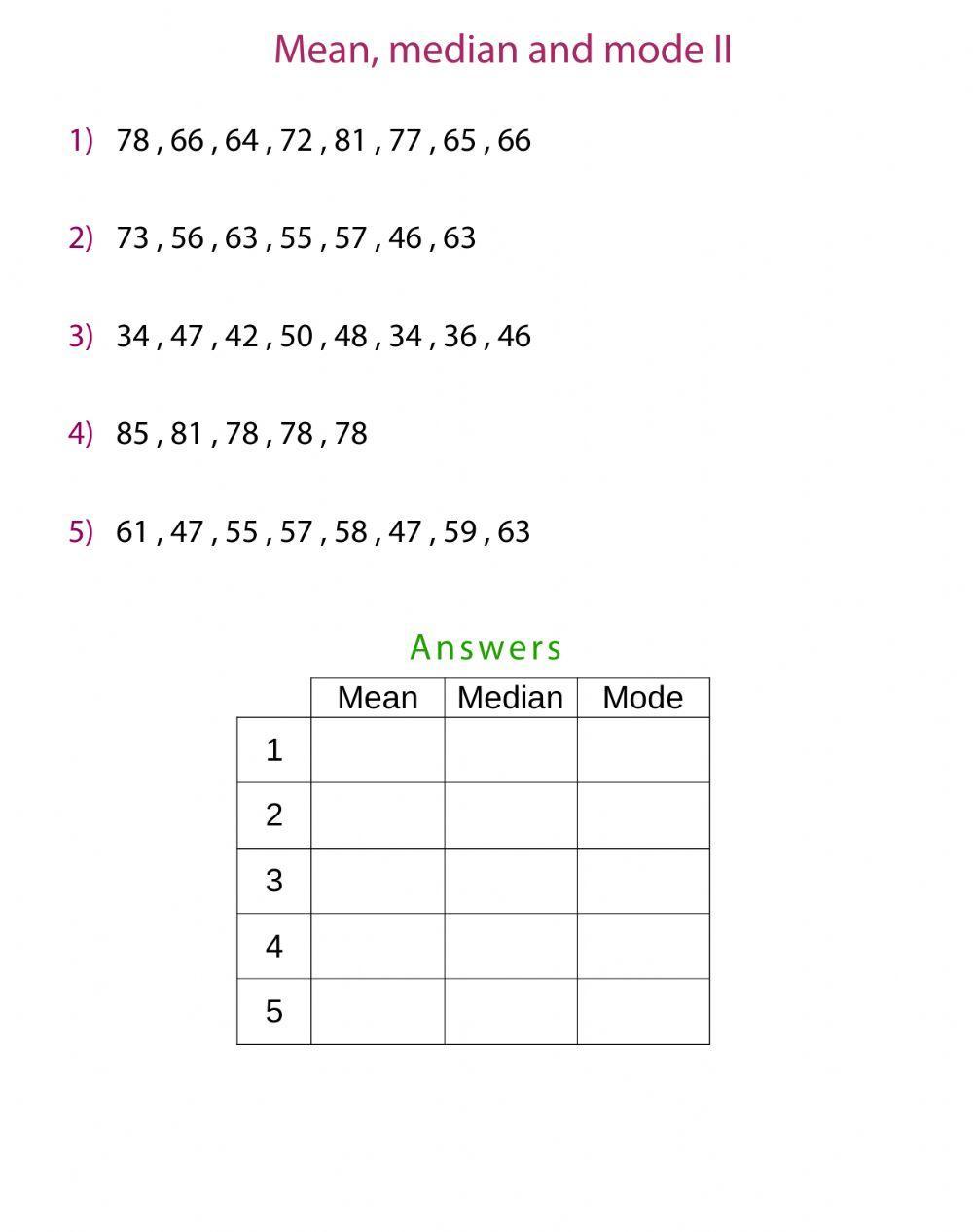 Mean, median and mode