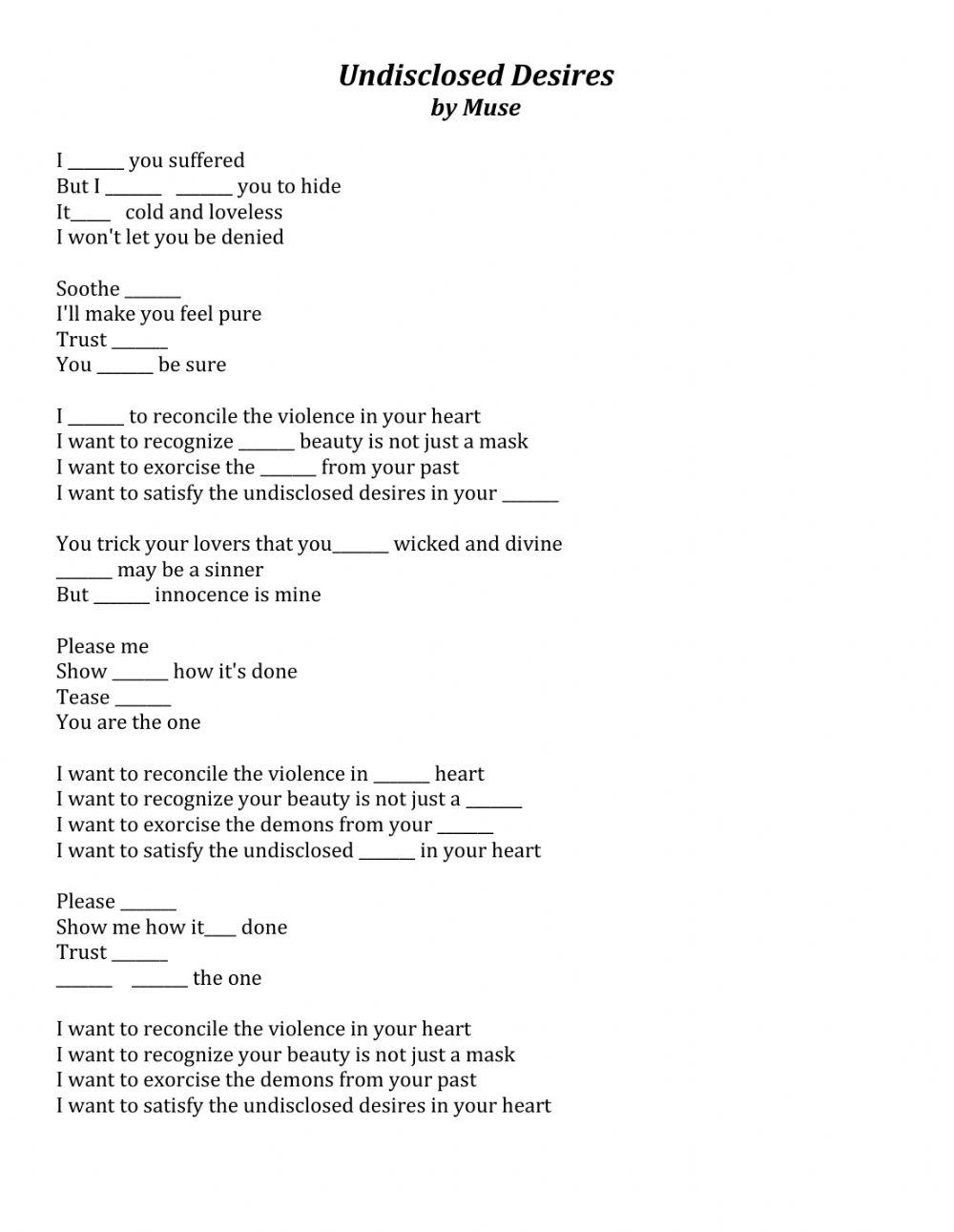 Undisclosed desires Simple Present