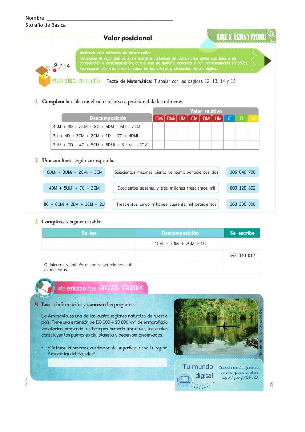 Descomposición de números naturales en valores posicionales
