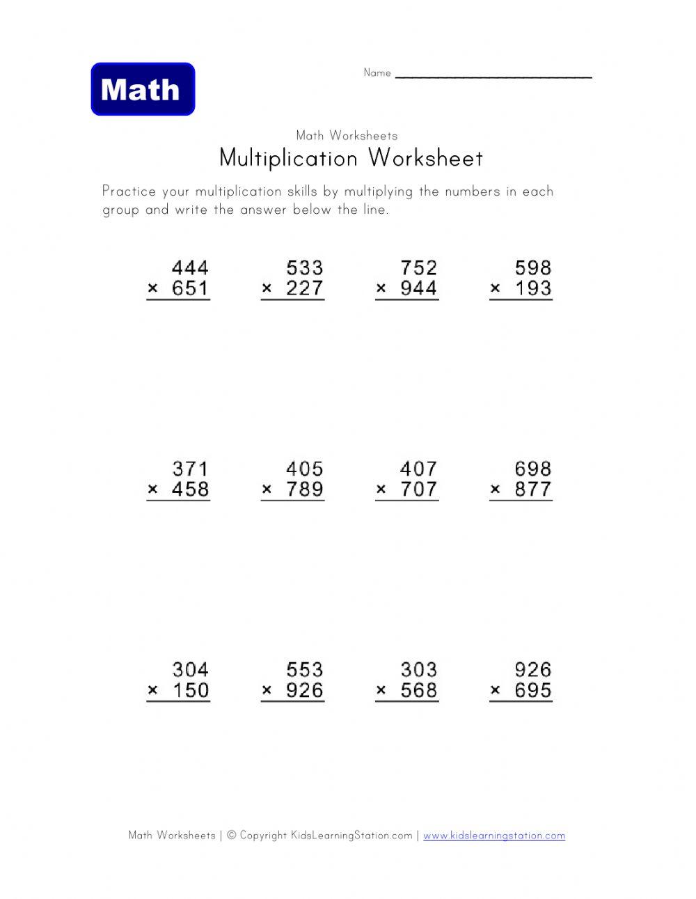 Multiplication 3 digit worksheet | Live Worksheets