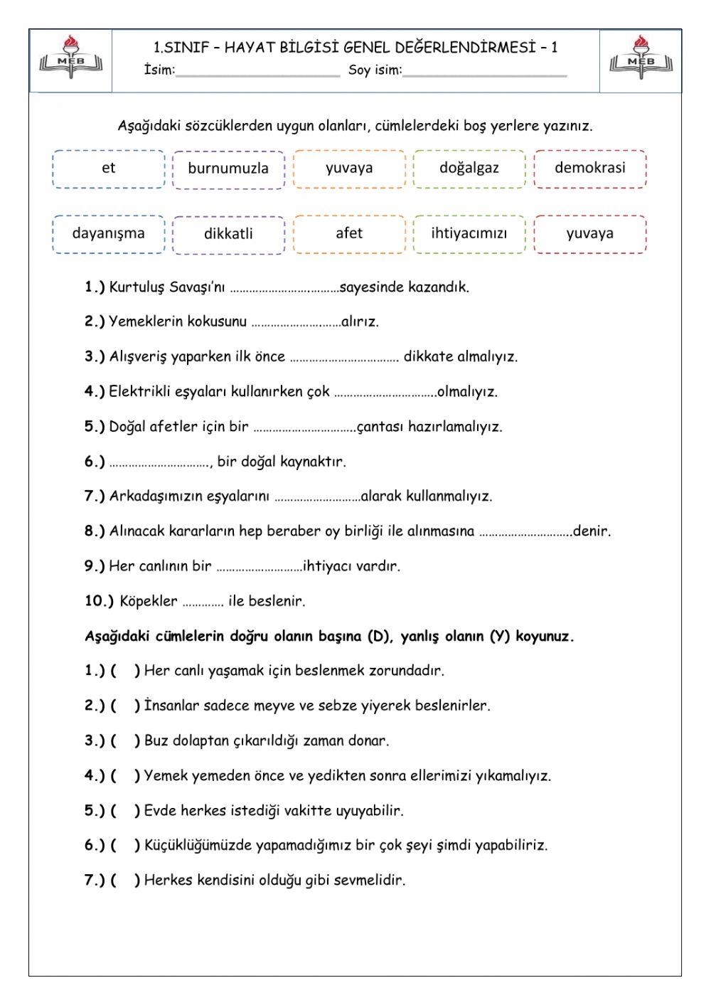 Hayat bilgisi dönem değerlendirmesi 5