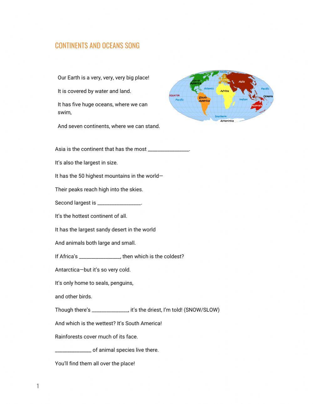 Continents and oceans song