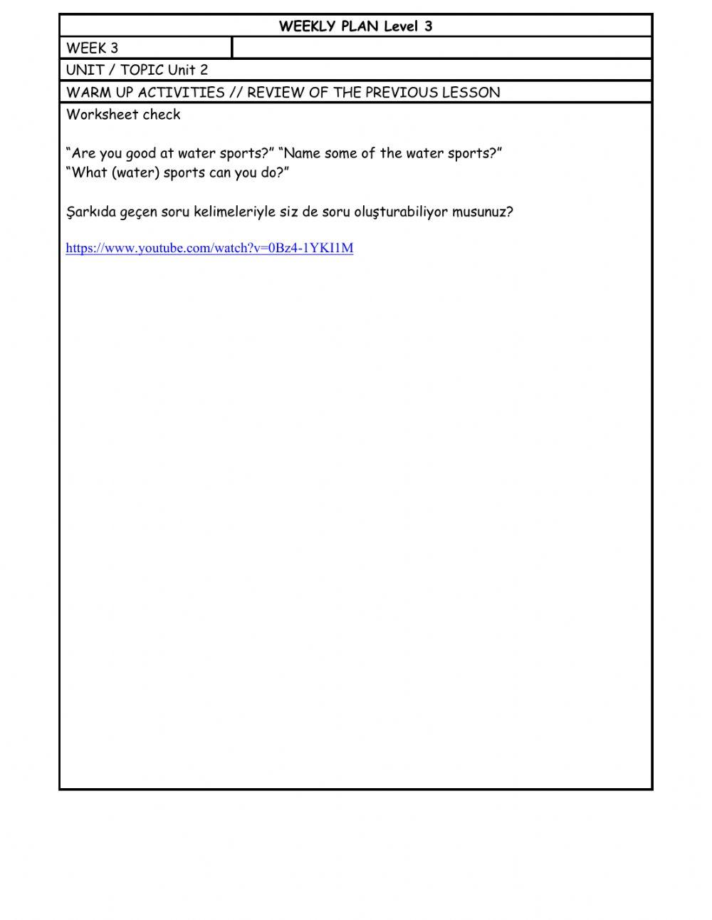 Level 3 Week weekly plan