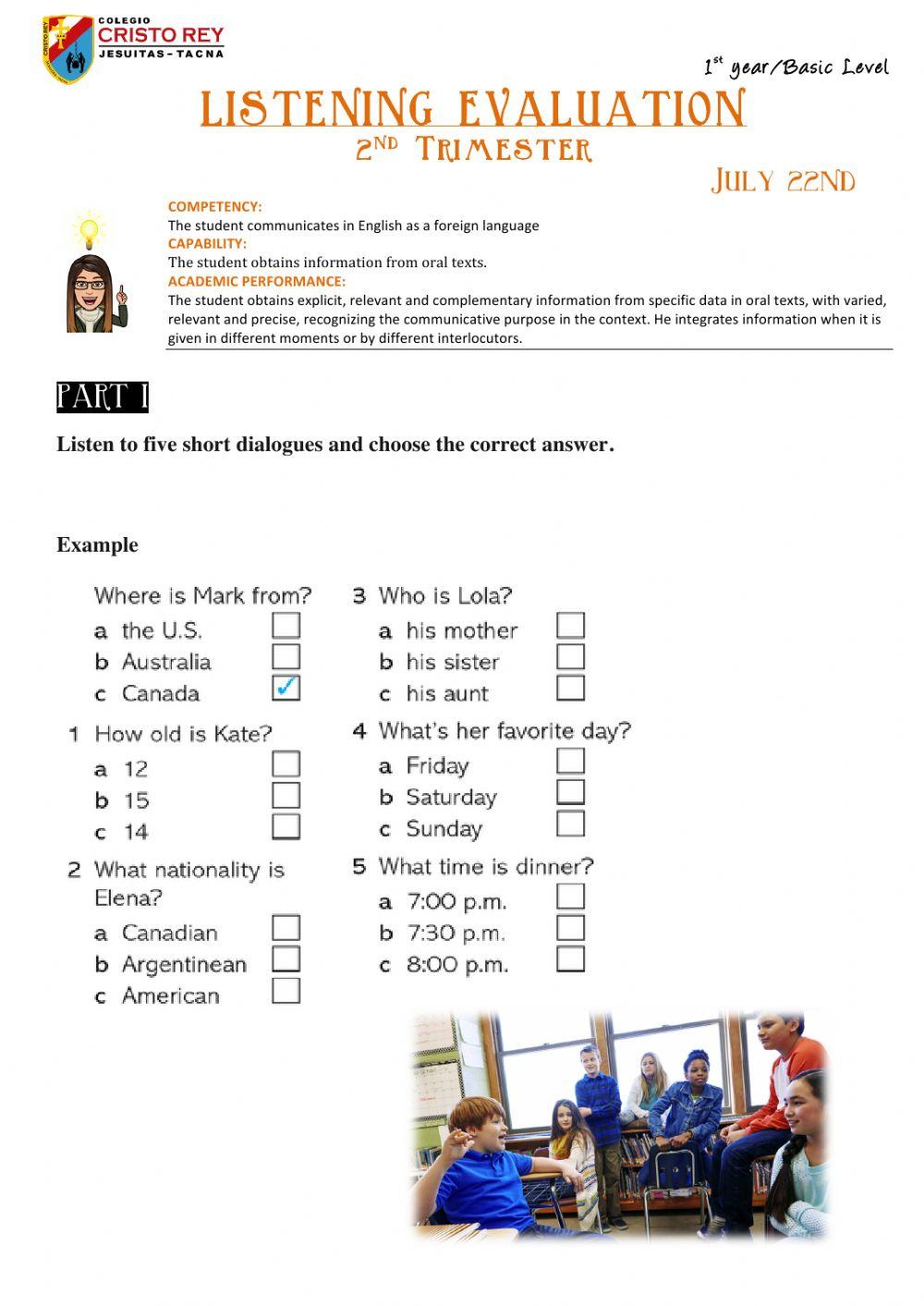 listening evaluation-2nd trimestre-1st year-july 22nd