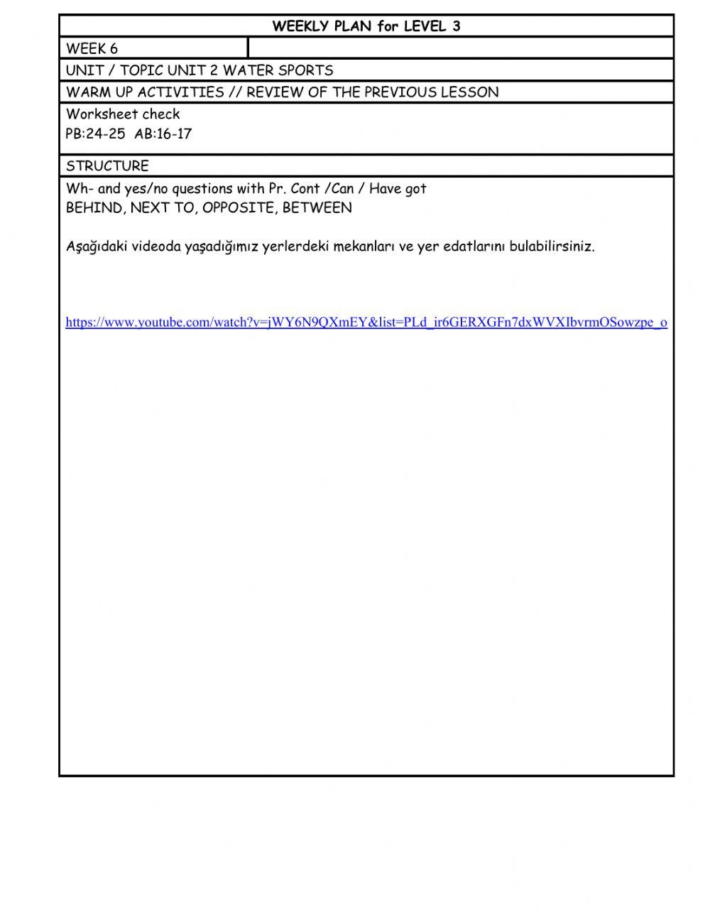 Level 3 Week 6 weekly plan
