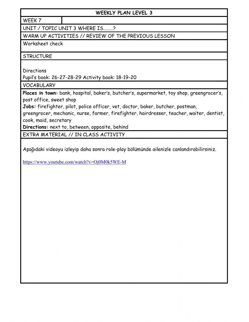 Level 3 Week 7 weekly plan