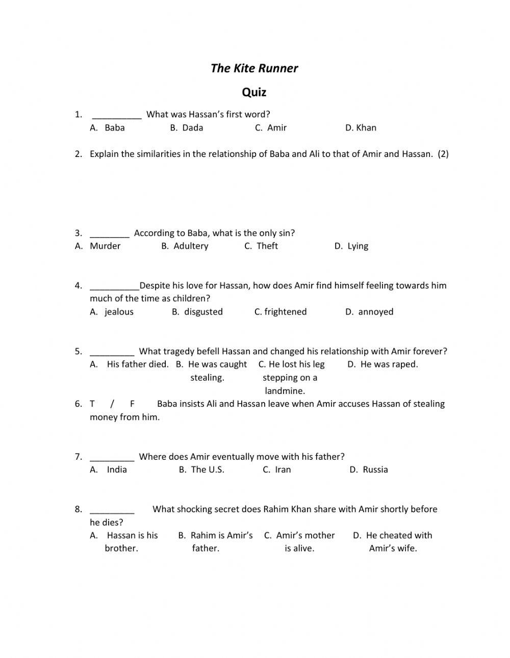 The Kite Runner Quiz worksheet Live Worksheets