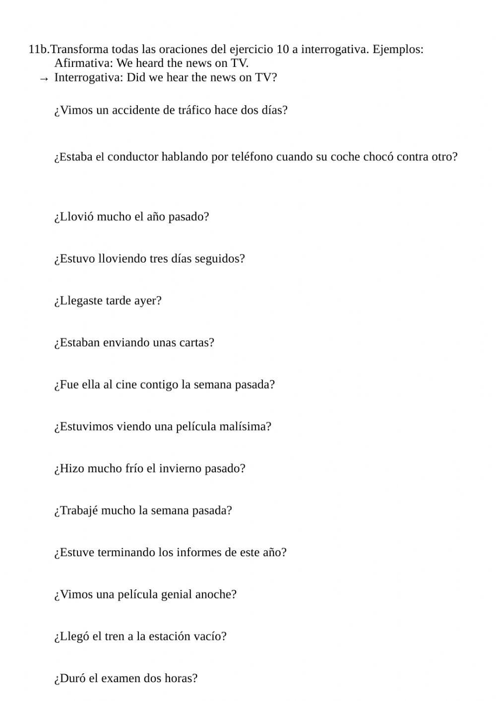 Review work 11 - Transformation into interrogative (past simple - continuous)