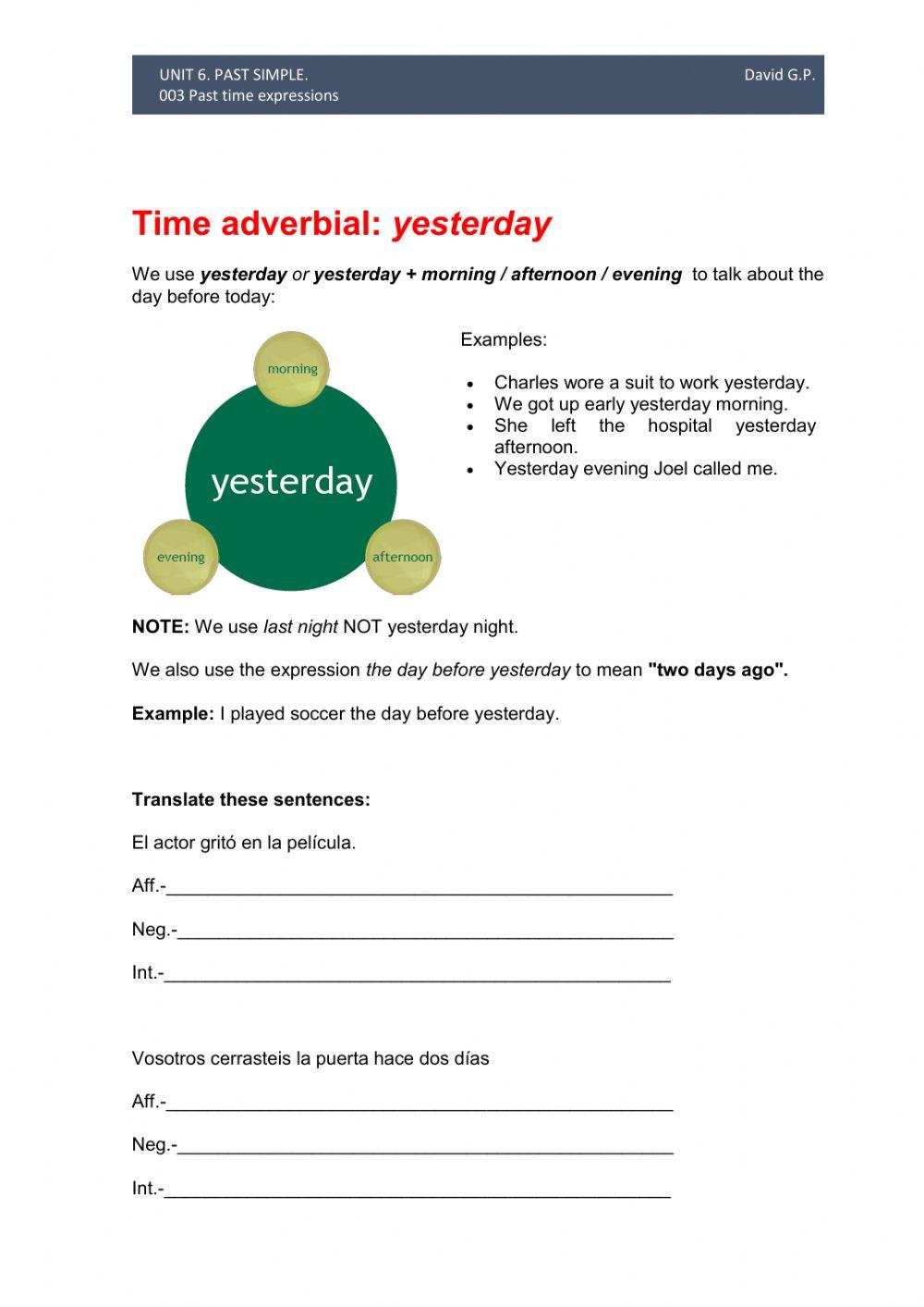 Unit6.003 past time expressions grammar and worksheet