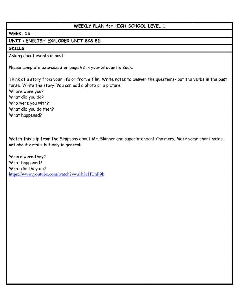 HS L1 WEEKLY PLAN week 15