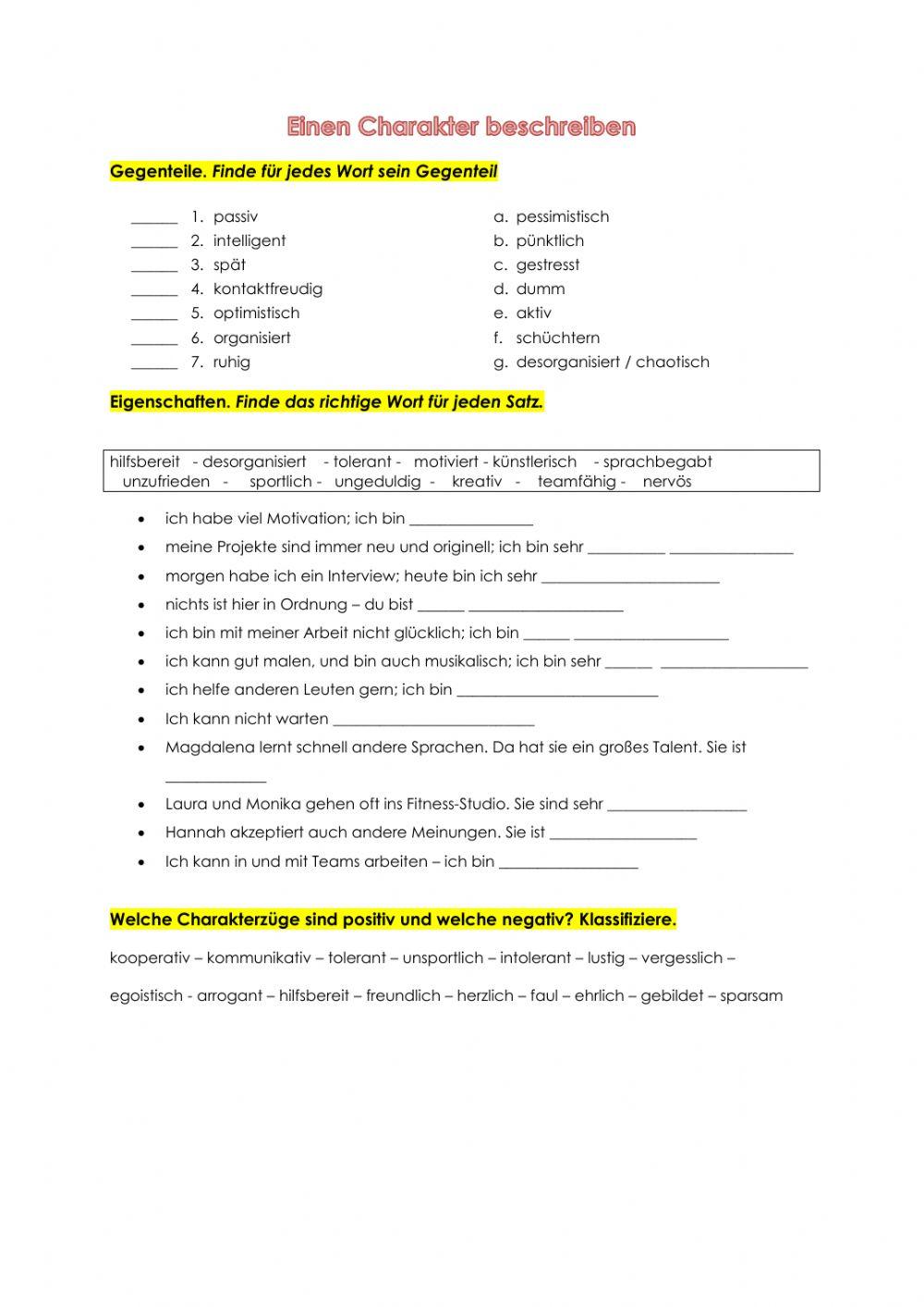 Charakterzüge beschreiben - Persönlichkeit beschreiben - Adjektive