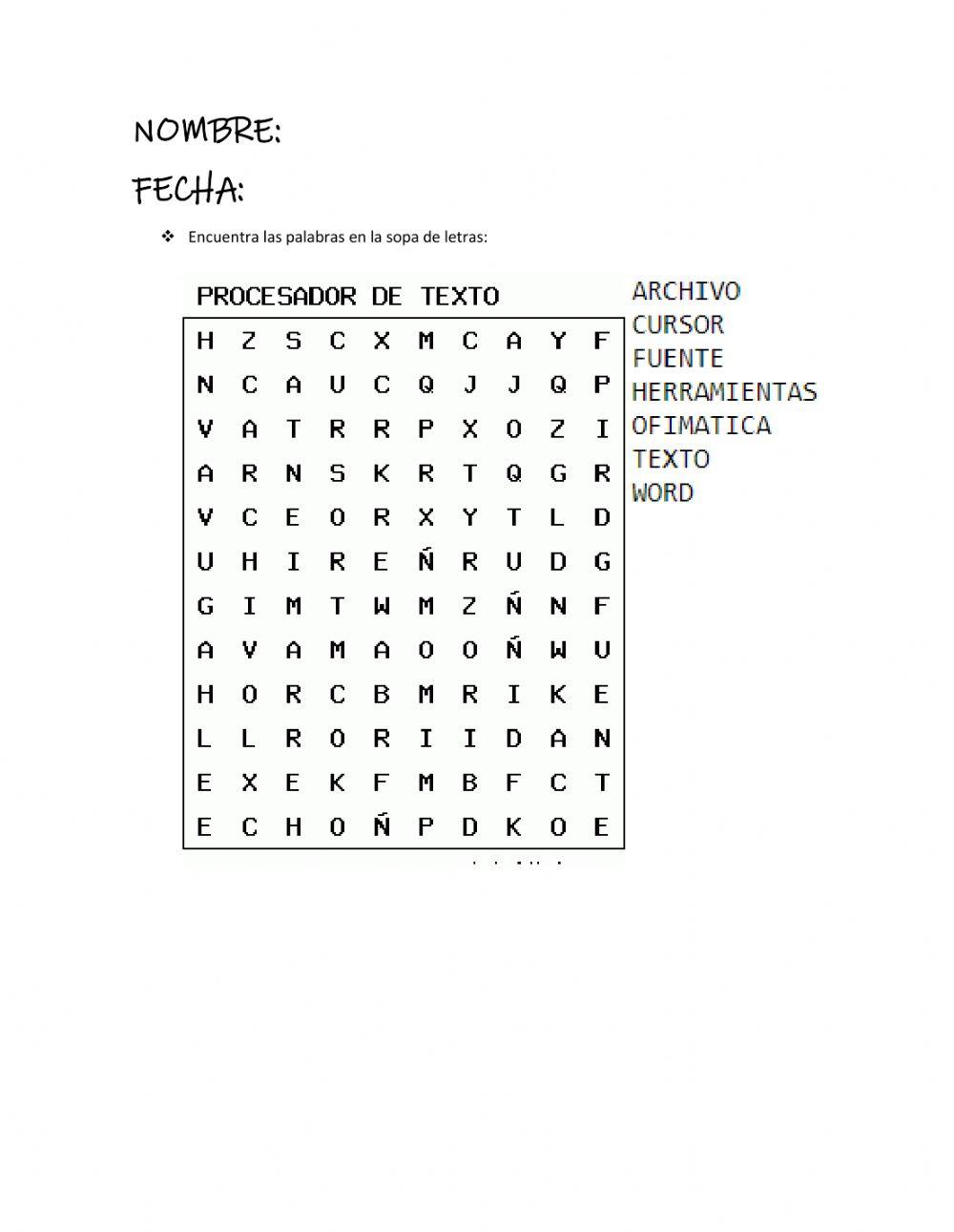 Sopa de letras: Procesador de texto