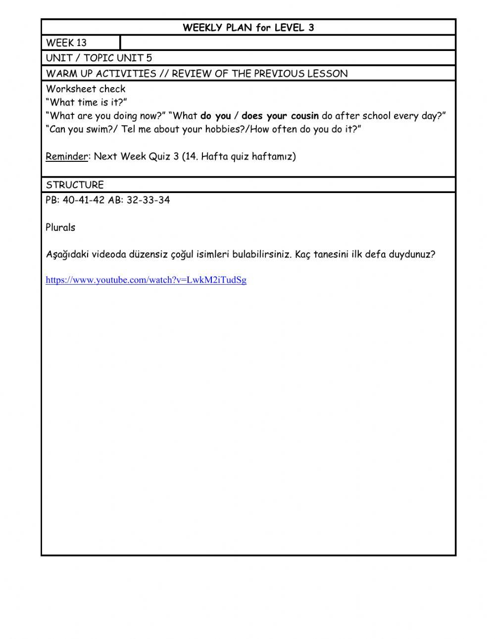 Level 3 Week 13 weekly plan