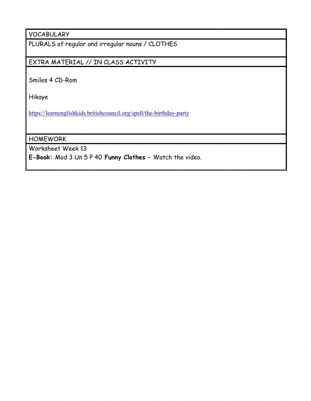 Level 3 Week 13 weekly plan