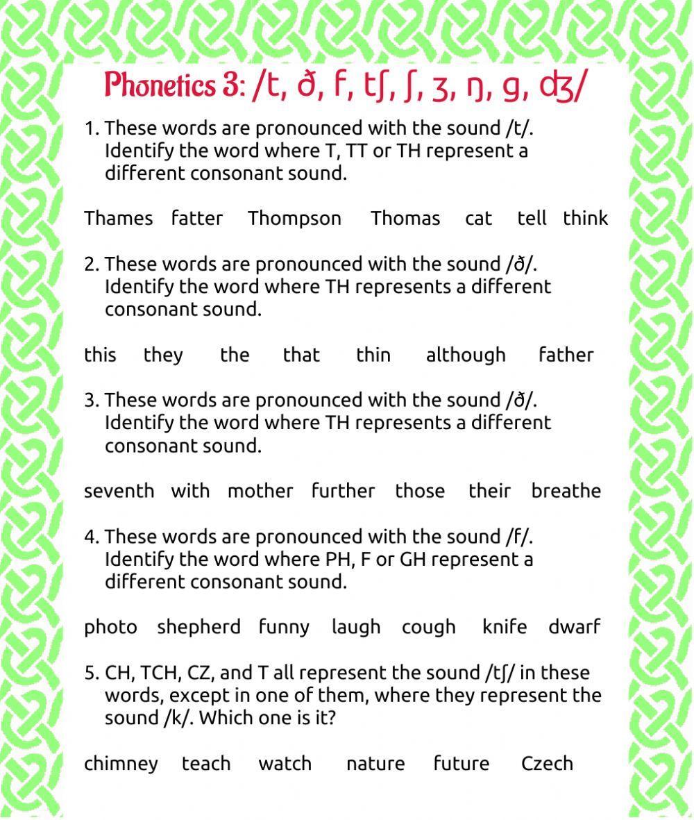 Phonetics 3: t, ð, f, tʃ, ʃ, ʒ, ŋ, g, ʤ