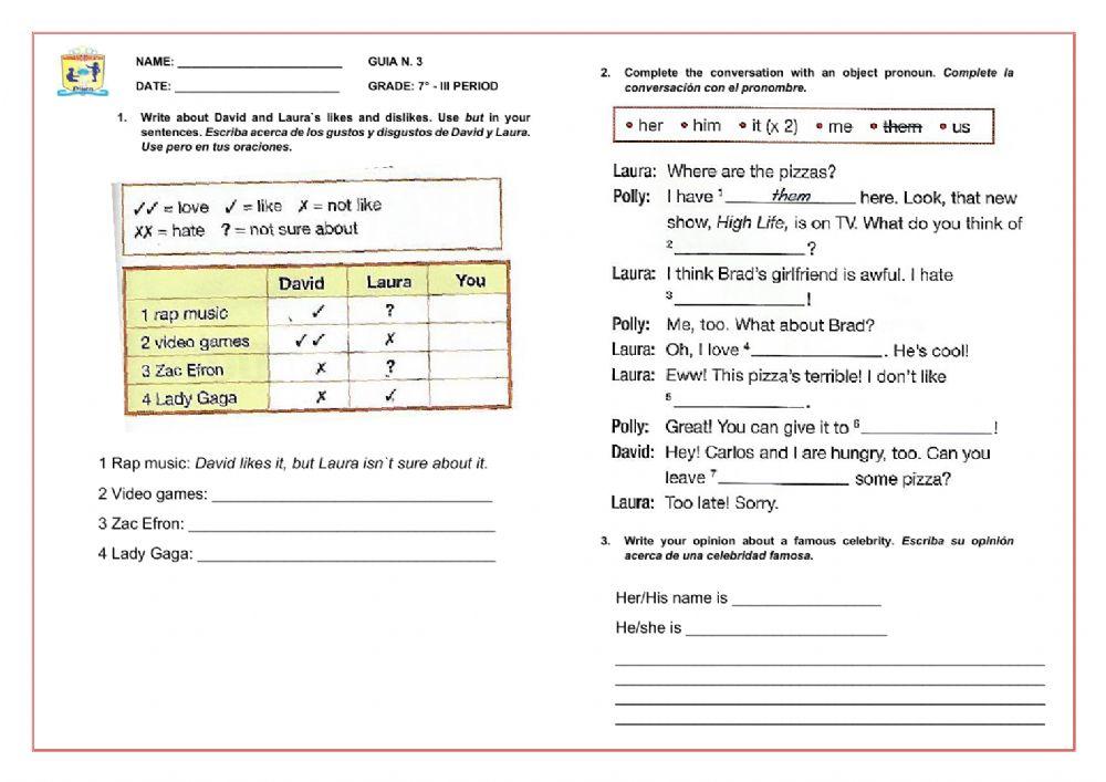 Object pronouns me, you, him, her, its, us, them Exercise