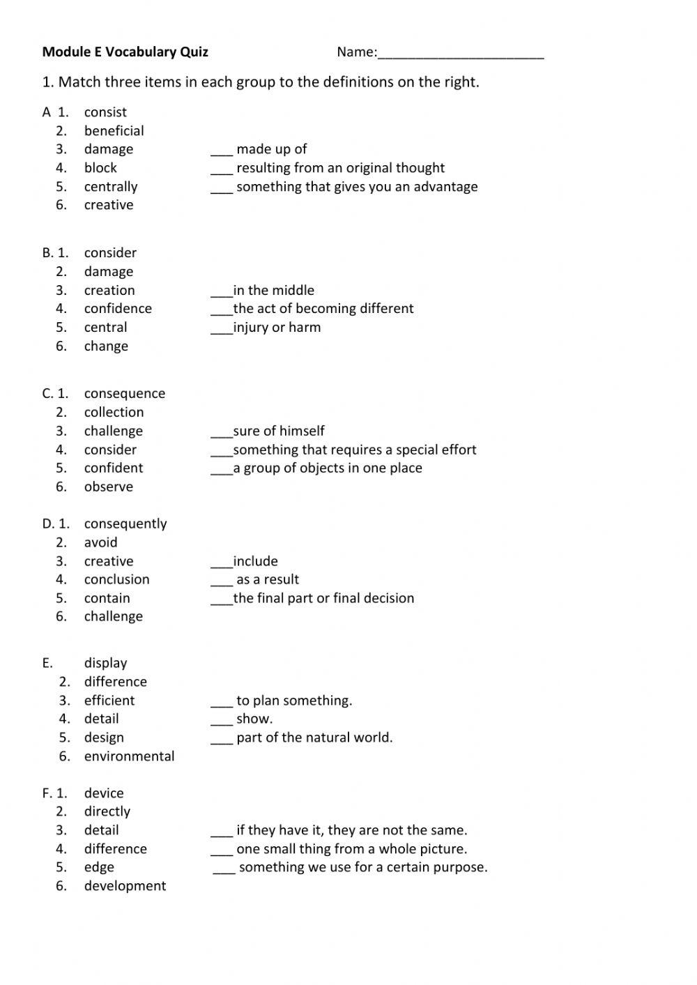 Module E type vocab Quiz 1 worksheet | Live Worksheets